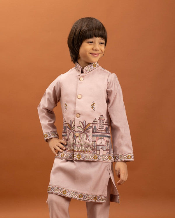 Amazing Pink Color Viscose Fabric Boys Kurta Pajama and Jacket