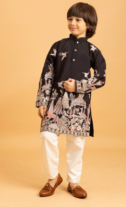 Dazzling Black Color Viscose Fabric Boys Kurta Pajama
