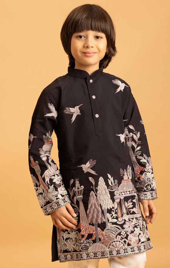 Dazzling Black Color Viscose Fabric Boys Kurta Pajama