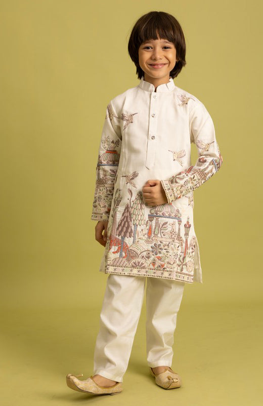 Dazzling White Color Viscose Fabric Boys Kurta Pajama