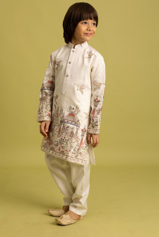 Dazzling White Color Viscose Fabric Boys Kurta Pajama