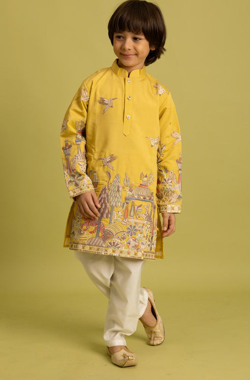 Dazzling Yellow Color Viscose Fabric Boys Kurta Pajama