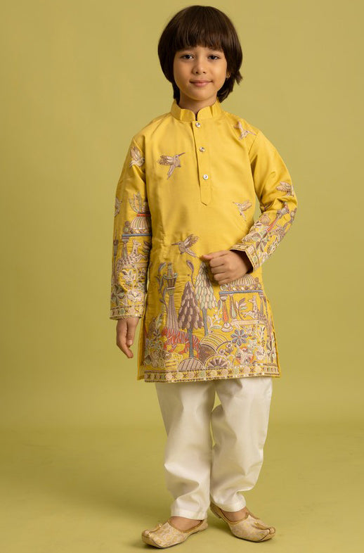 Dazzling Yellow Color Viscose Fabric Boys Kurta Pajama