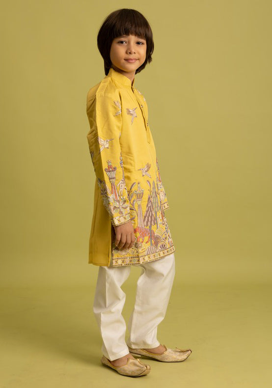 Dazzling Yellow Color Viscose Fabric Boys Kurta Pajama