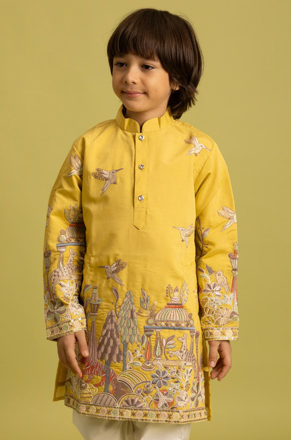 Dazzling Yellow Color Viscose Fabric Boys Kurta Pajama