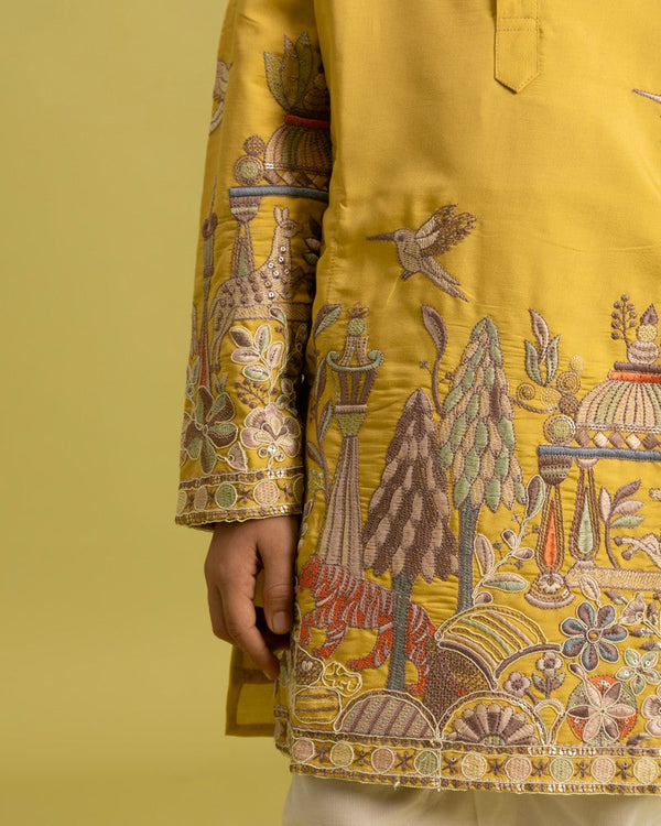 Dazzling Yellow Color Viscose Fabric Boys Kurta Pajama