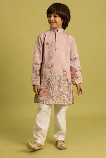 Dazzling Peach Color Viscose Fabric Boys Kurta Pajama