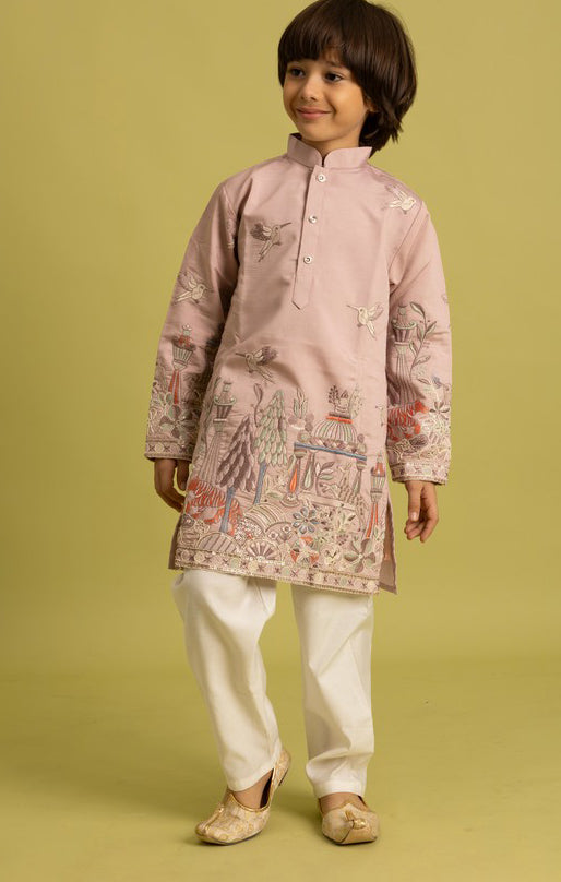 Dazzling Peach Color Viscose Fabric Boys Kurta Pajama