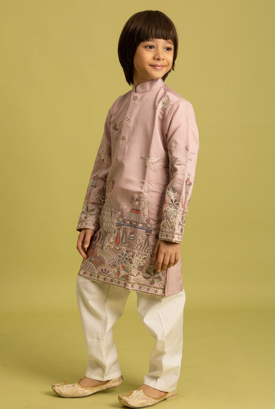 Dazzling Peach Color Viscose Fabric Boys Kurta Pajama