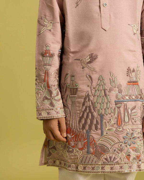 Dazzling Peach Color Viscose Fabric Boys Kurta Pajama