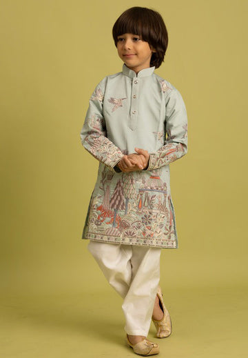 Dazzling Green Color Viscose Fabric Boys Kurta Pajama