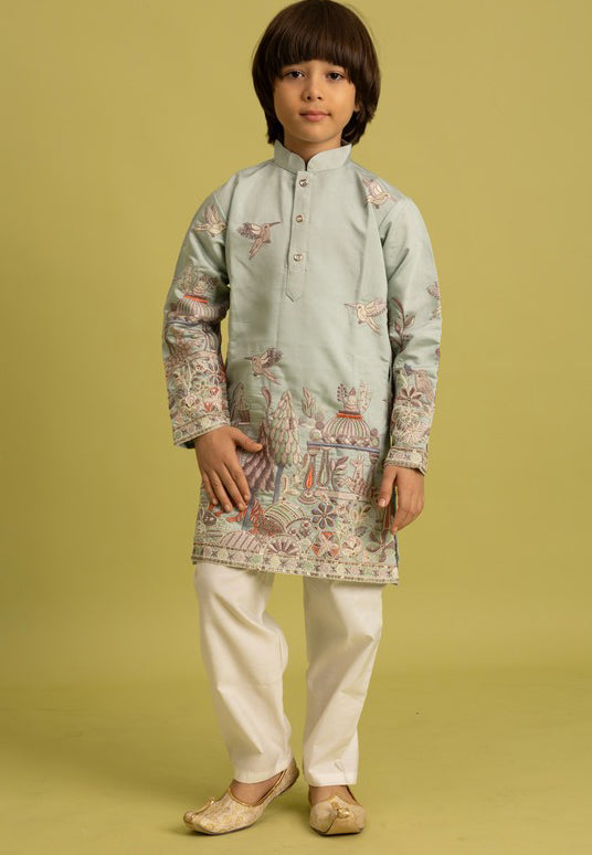 Dazzling Green Color Viscose Fabric Boys Kurta Pajama