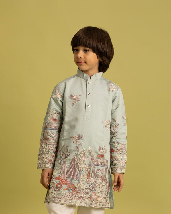 Dazzling Green Color Viscose Fabric Boys Kurta Pajama