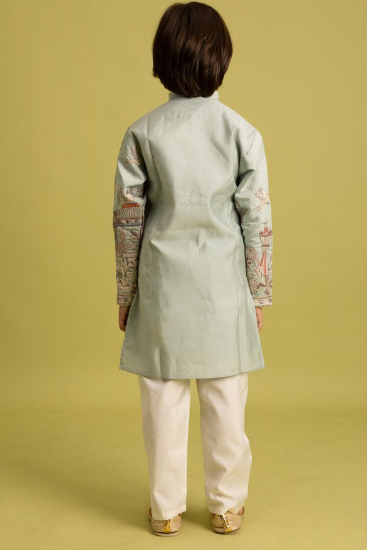 Dazzling Green Color Viscose Fabric Boys Kurta Pajama