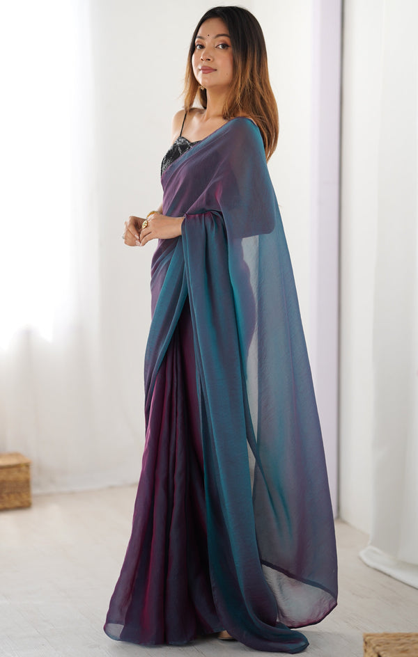 Beautiful Teal Color Two Tone Fabric Casual Saree