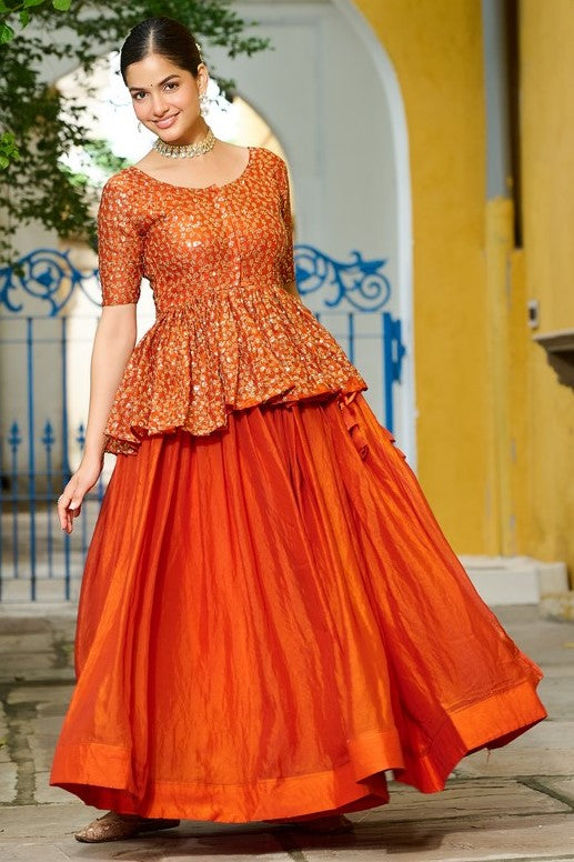 Magnetic Orange Color Fendy Fabric Party Wear Lehenga