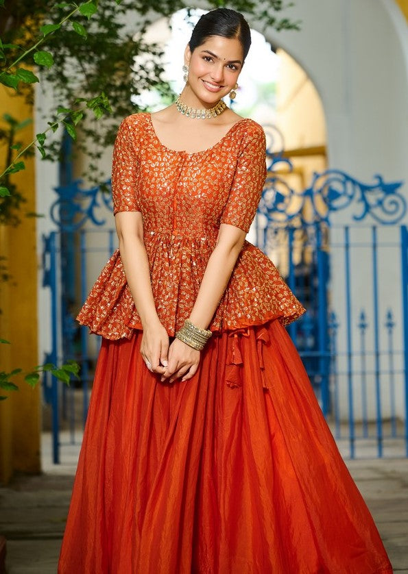 Magnetic Orange Color Fendy Fabric Party Wear Lehenga