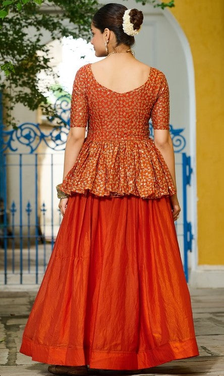 Magnetic Orange Color Fendy Fabric Party Wear Lehenga