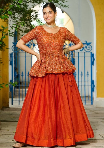 Magnetic Orange Color Fendy Fabric Party Wear Lehenga