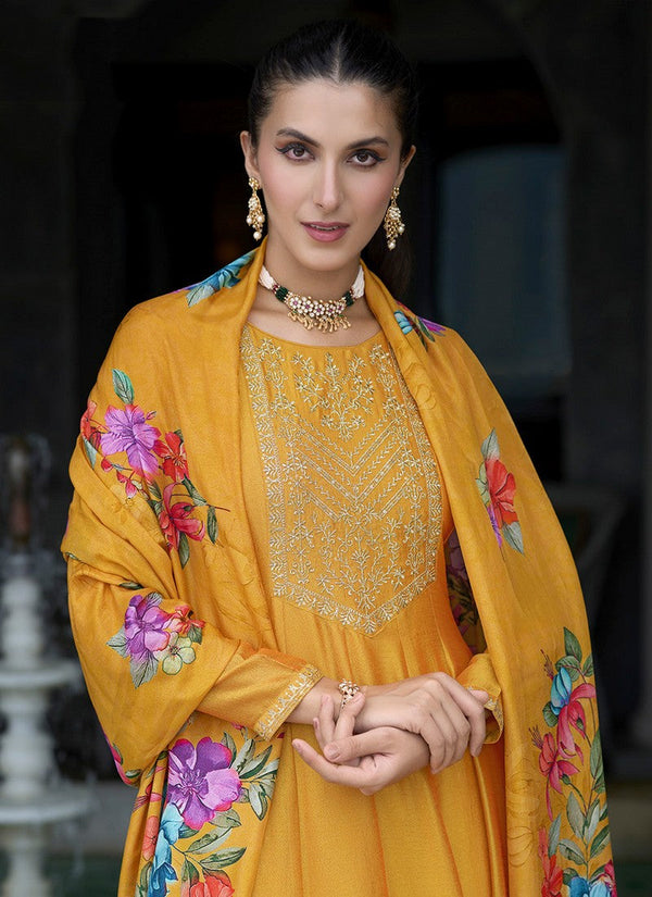 Amazing Mustard Color Vichitra Fabric Designer Suit