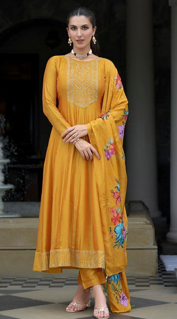 Amazing Mustard Color Vichitra Fabric Designer Suit