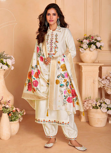 Dazzling Cream Color Viscose Fabric Designer Suit