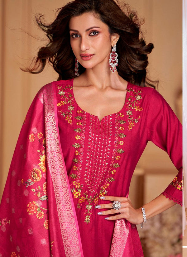Dazzling Pink Color Viscose Fabric Designer Suit