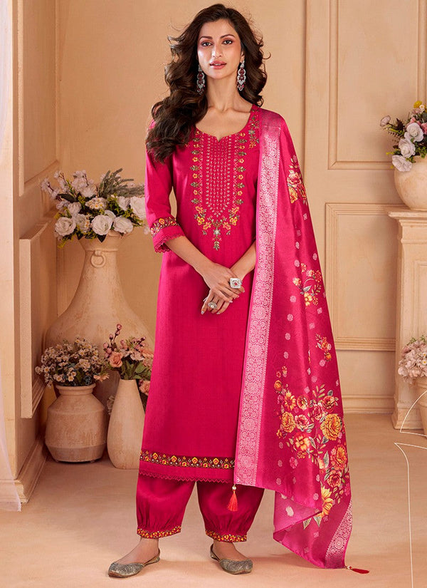 Dazzling Pink Color Viscose Fabric Designer Suit