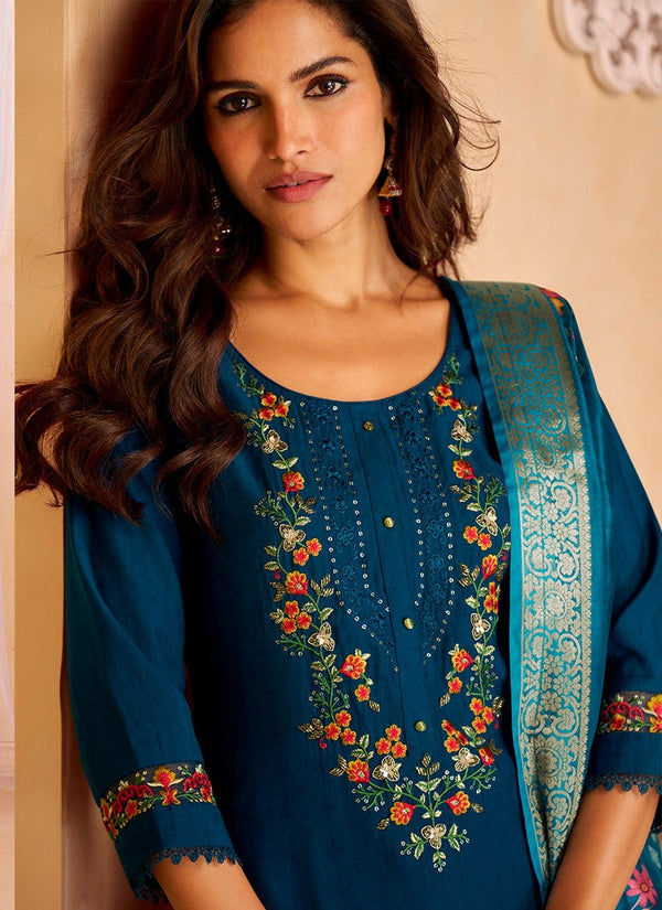 Dazzling Teal  Color Viscose Fabric Designer Suit