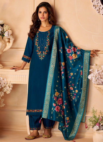 Dazzling Teal  Color Viscose Fabric Designer Suit