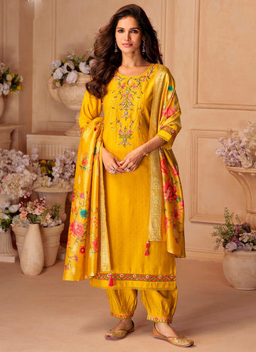 Dazzling Yellow Color Viscose Fabric Designer Suit