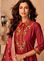 Dazzling Maroon Color Viscose Fabric Designer Suit