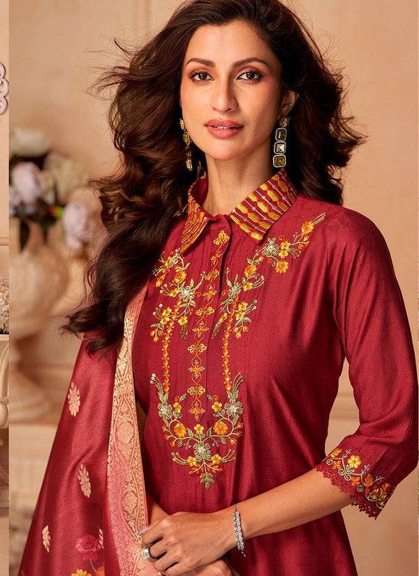 Dazzling Maroon Color Viscose Fabric Designer Suit