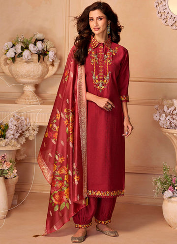 Dazzling Maroon Color Viscose Fabric Designer Suit