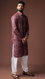 Dazzling Wine Color Linen Fabric Kurta Pajama