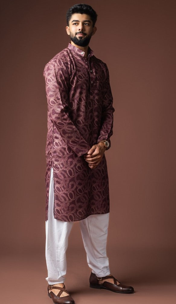 Dazzling Wine Color Linen Fabric Kurta Pajama