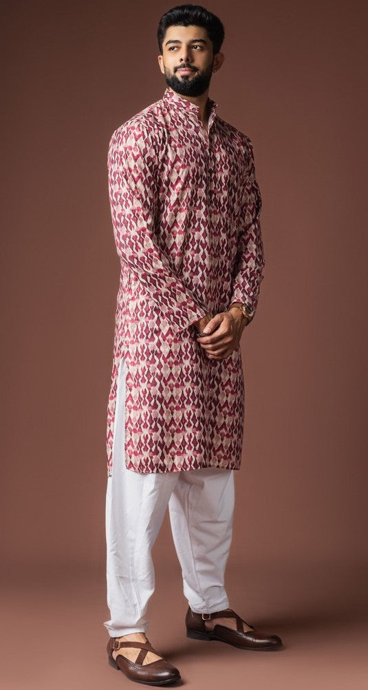 Dazzling Red Color Linen Fabric Kurta Pajama