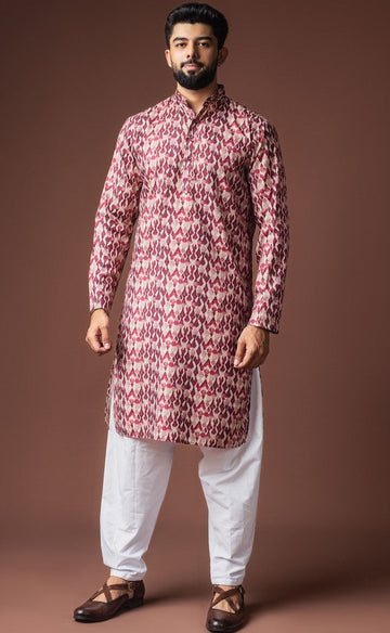 Dazzling Red Color Linen Fabric Kurta Pajama