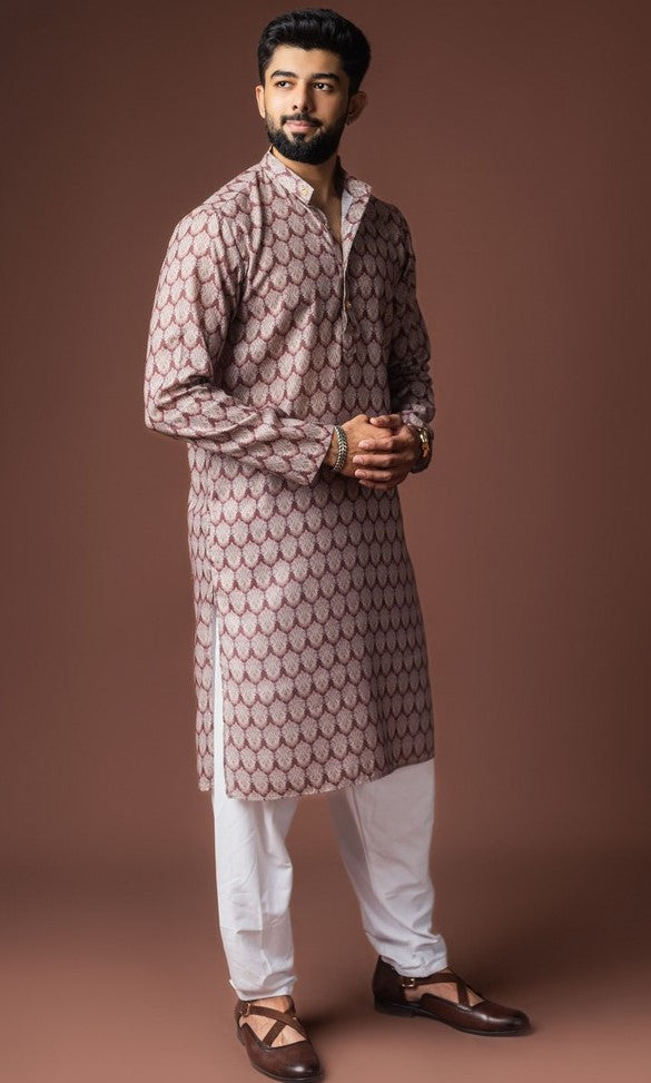Dazzling Brown Color Linen Fabric Kurta Pajama