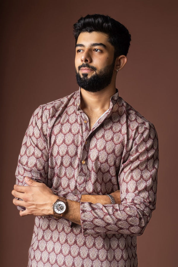 Dazzling Brown Color Linen Fabric Kurta Pajama