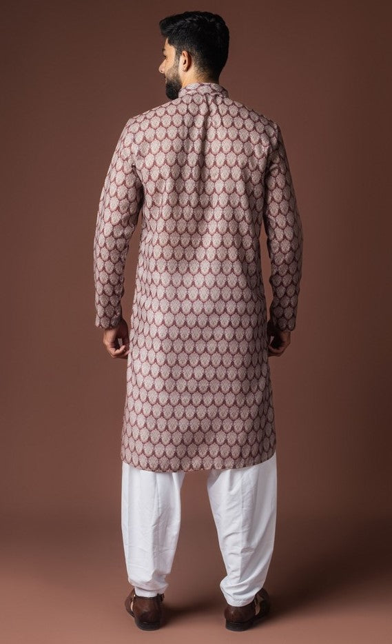 Dazzling Brown Color Linen Fabric Kurta Pajama