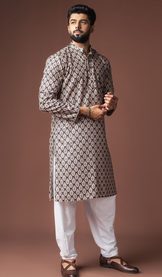 Dazzling Black Color Linen Fabric Kurta Pajama