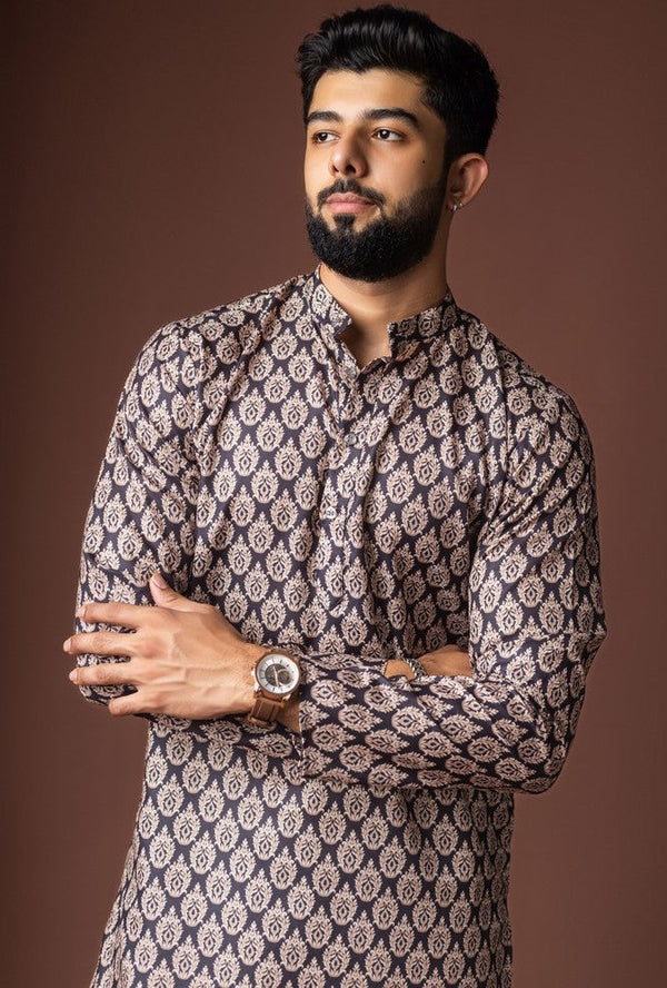 Dazzling Black Color Linen Fabric Kurta Pajama