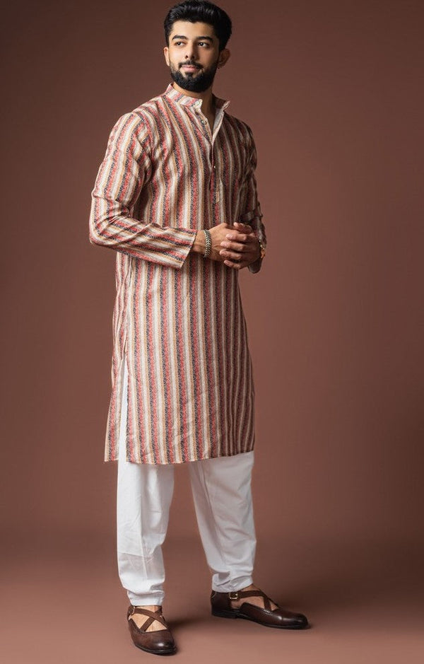 Dazzling Cream Color Linen Fabric Kurta Pajama