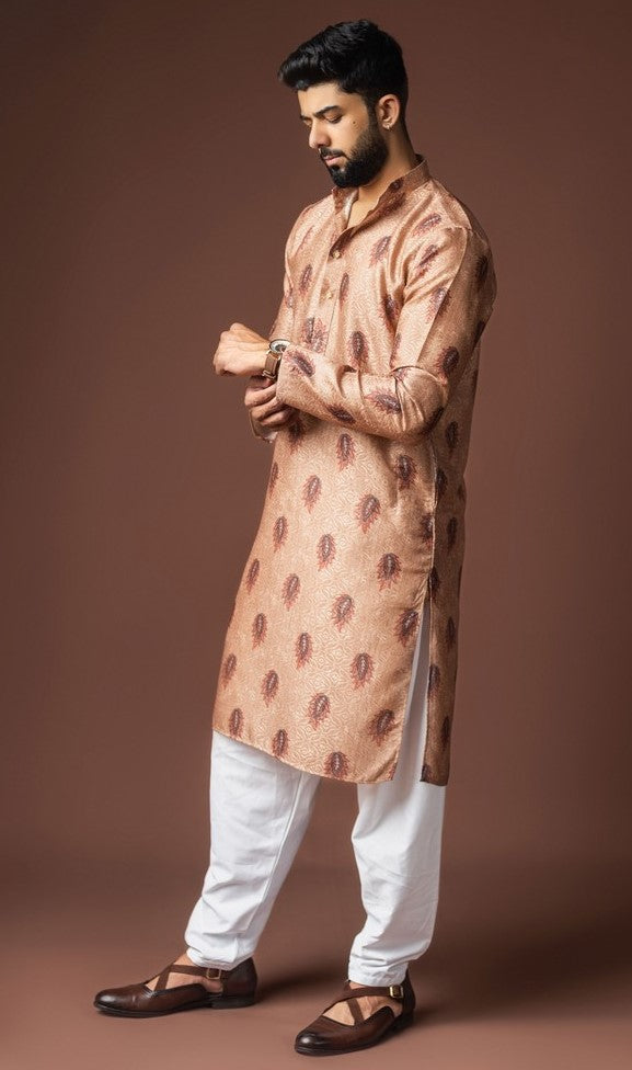 Dazzling Brown Color Linen Fabric Kurta Pajama