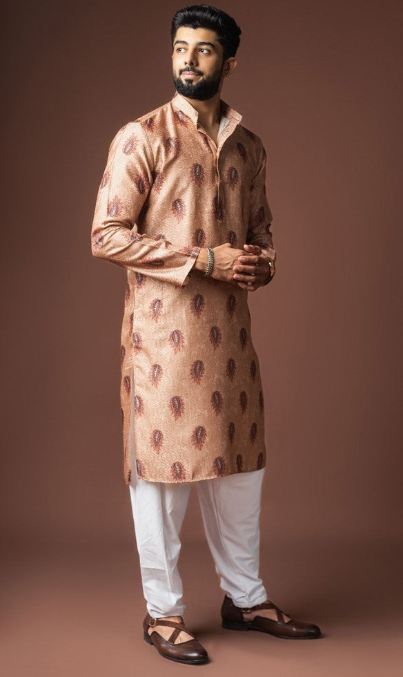 Dazzling Brown Color Linen Fabric Kurta Pajama