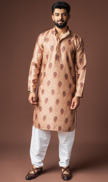 Dazzling Brown Color Linen Fabric Kurta Pajama