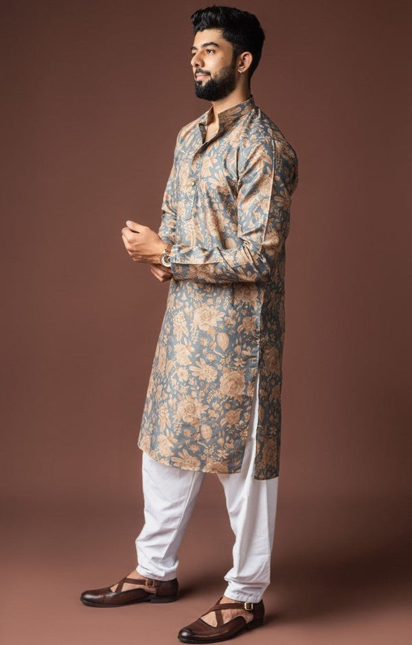 Dazzling Grey Color Linen Fabric Kurta Pajama
