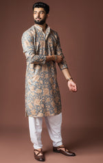 Dazzling Grey Color Linen Fabric Kurta Pajama