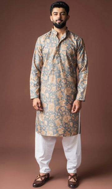 Dazzling Grey Color Linen Fabric Kurta Pajama